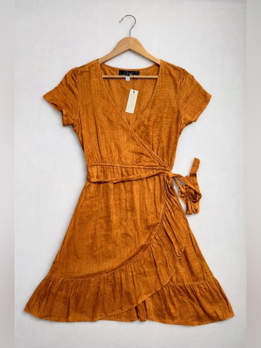 Francesca’s Blue Rain Rust Orange Faux Wrap Dress Elastic Waist Ruffle Hem Boho